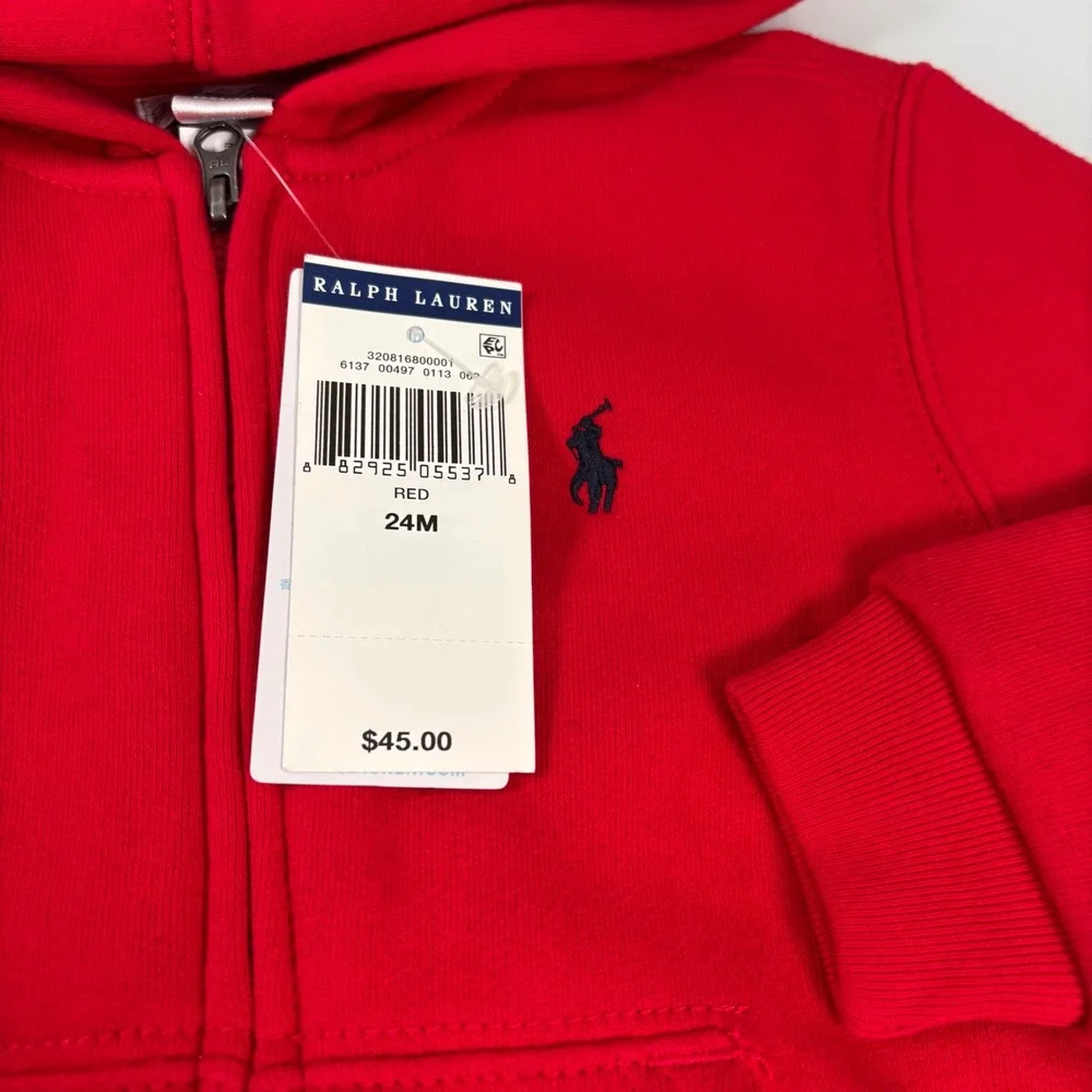 Ralph Lauren Toddler 24M Red Zip Hoodie New Embroidered Pony Logo Fleece
